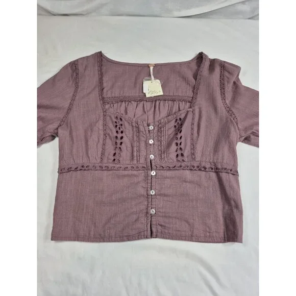 Free People Blouse Size S  Eyelet Lace Crop Top Purple Mauve Roan Rouge (13) - Picture 3 of 13